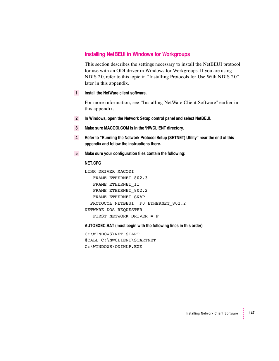 Installing netbeui in windows for workgroups | Apple PC Compatibility Card 7-inch card User Manual | Page 155 / 213