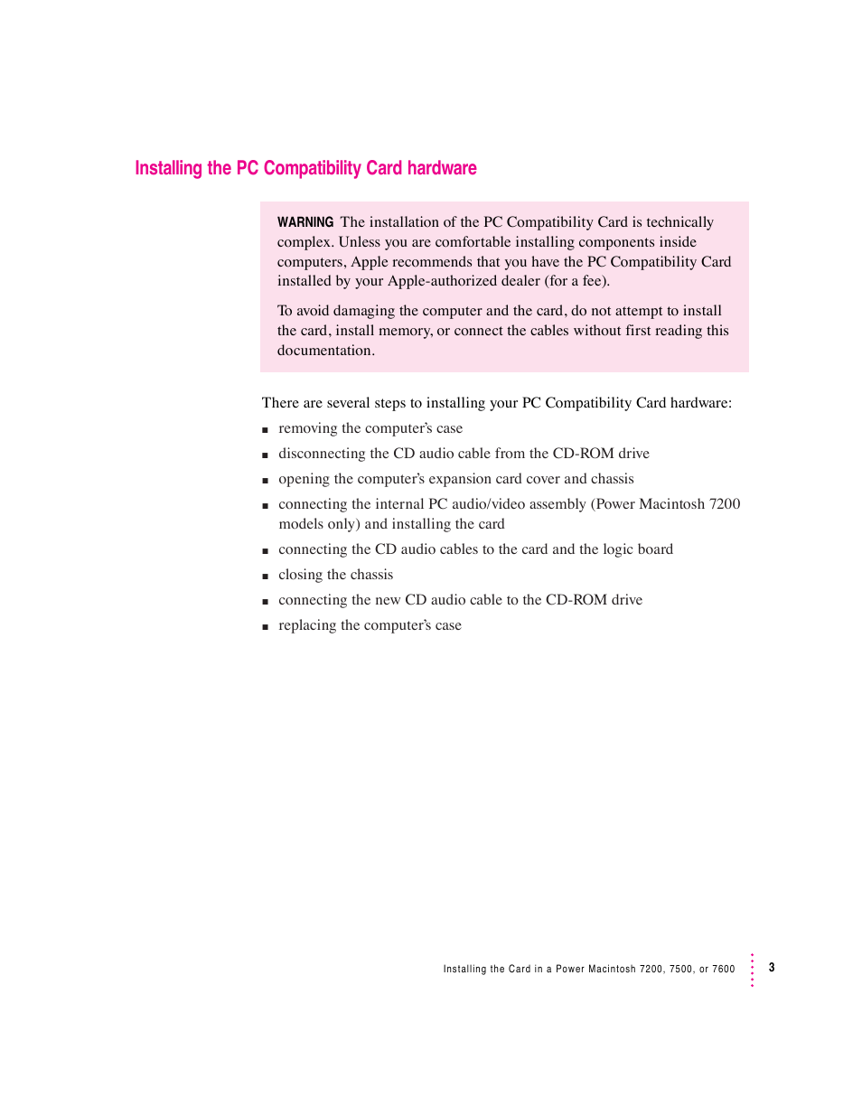 Installing the pc compatibility card hardware | Apple PC Compatibility Card 7-inch card User Manual | Page 16 / 213