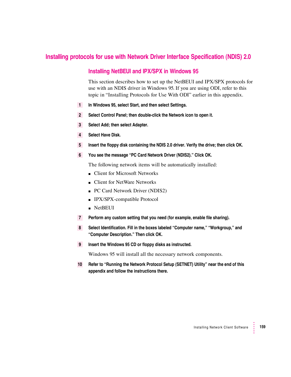 Installing netbeui and ipx/spx in windows 95 | Apple PC Compatibility Card 7-inch card User Manual | Page 167 / 213