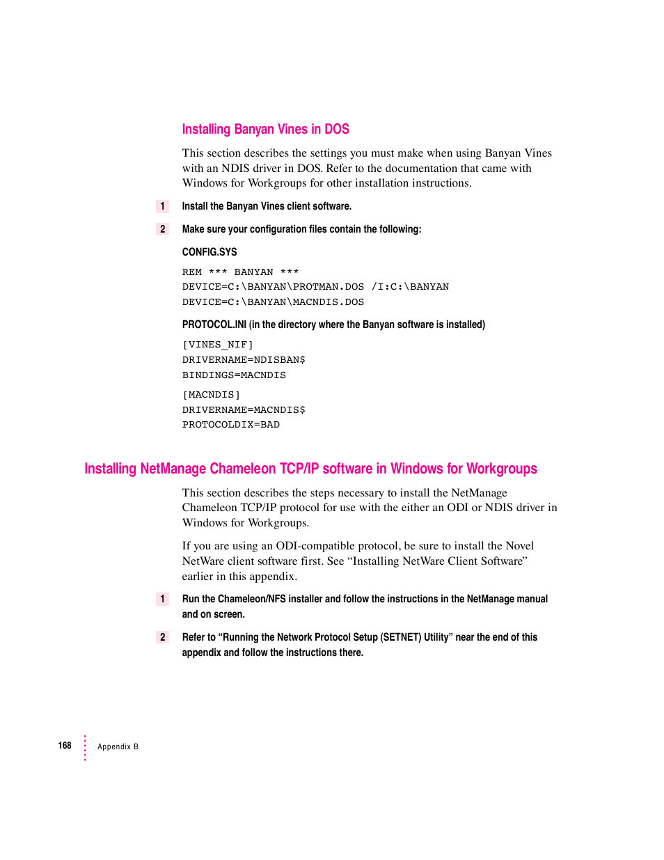 Installing banyan vines in dos | Apple PC Compatibility Card 7-inch card User Manual | Page 176 / 213