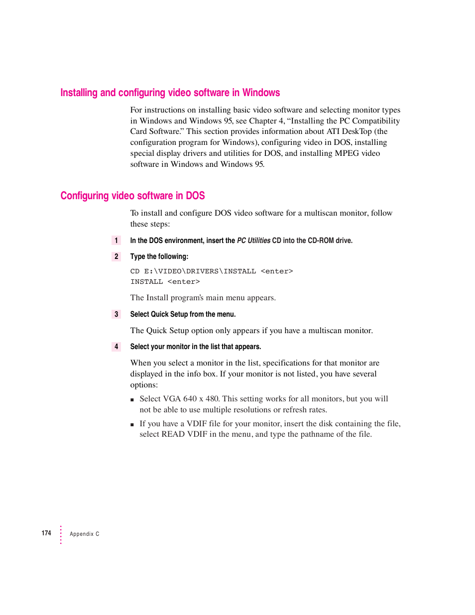 Configuring video software in dos | Apple PC Compatibility Card 7-inch card User Manual | Page 181 / 213