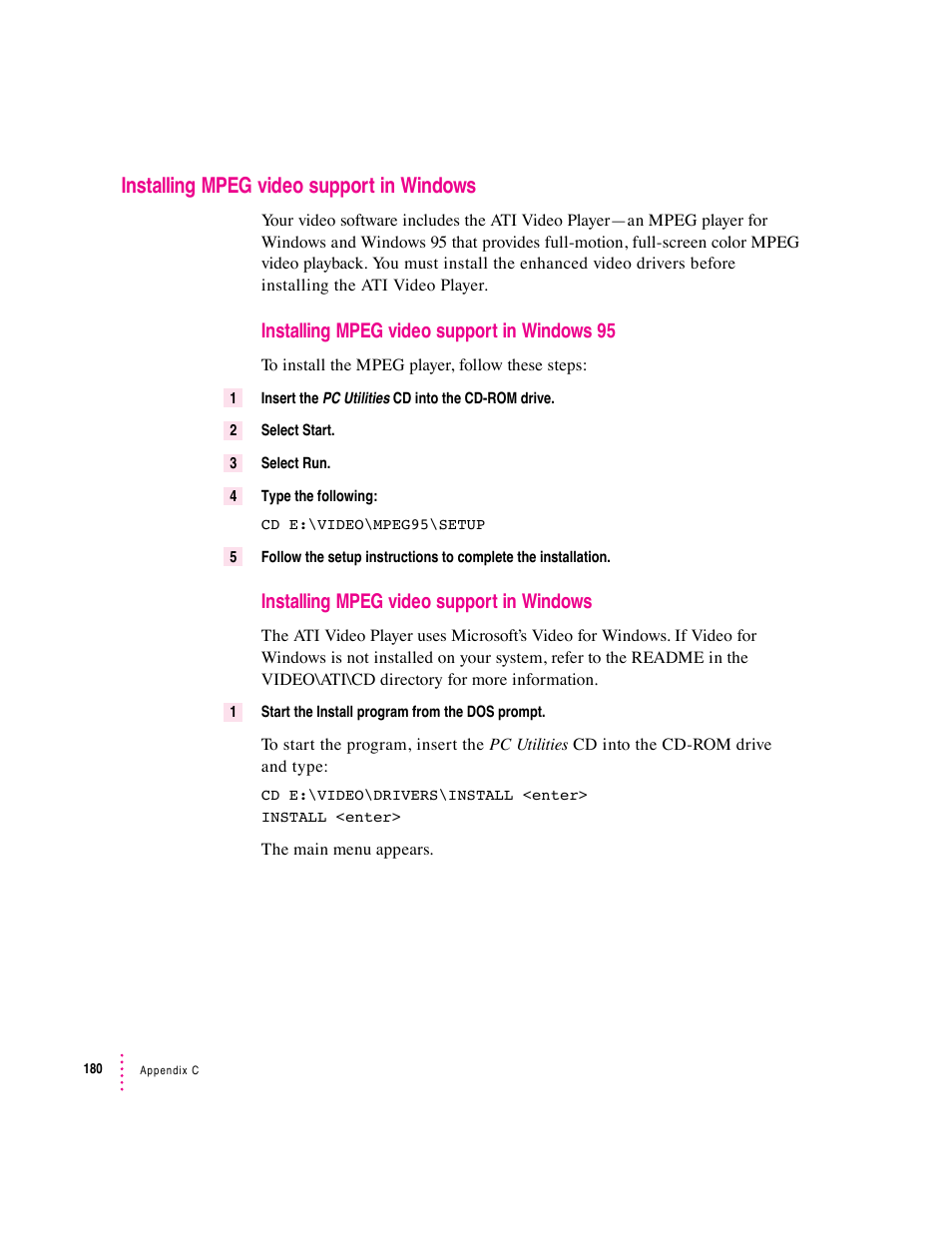 Installing mpeg video support in windows, Installing mpeg video support in windows 95 | Apple PC Compatibility Card 7-inch card User Manual | Page 187 / 213