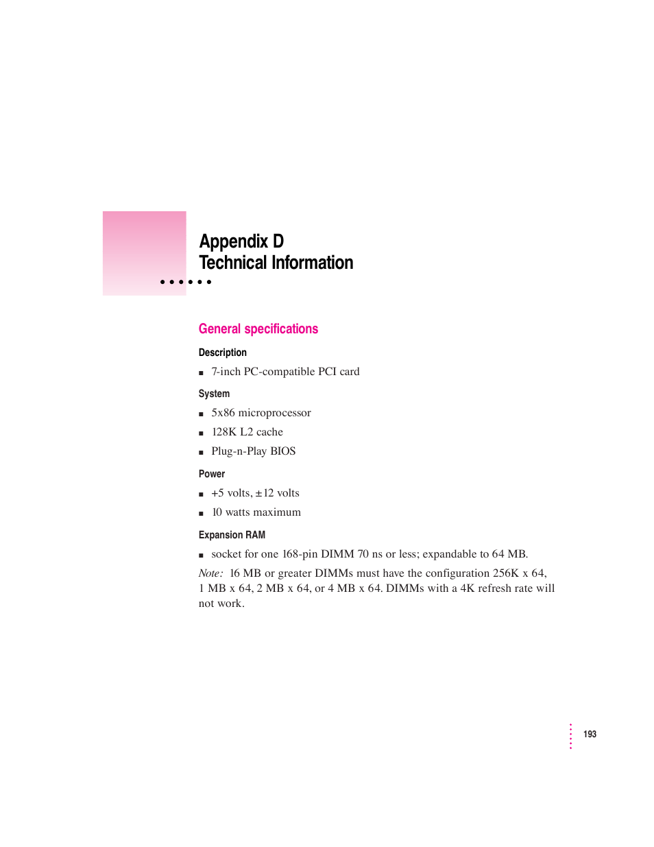 Appendix d technical information | Apple PC Compatibility Card 7-inch card User Manual | Page 199 / 213