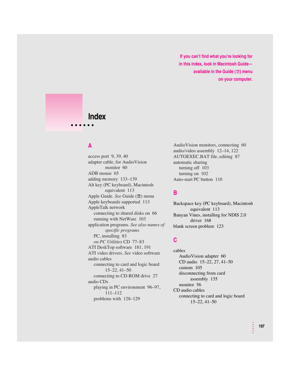 Index | Apple PC Compatibility Card 7-inch card User Manual | Page 202 / 213