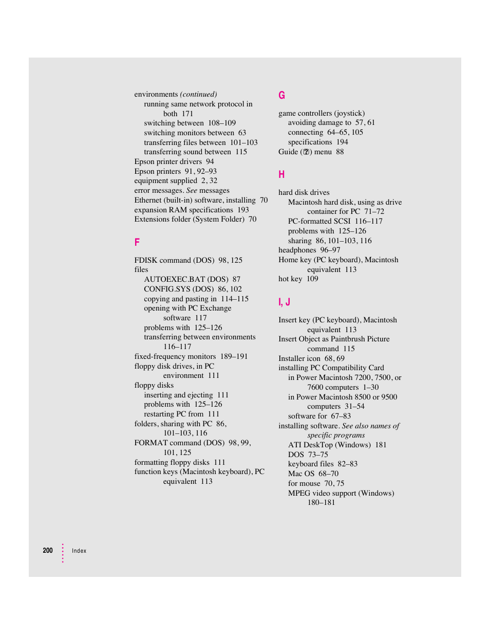 I, j | Apple PC Compatibility Card 7-inch card User Manual | Page 205 / 213