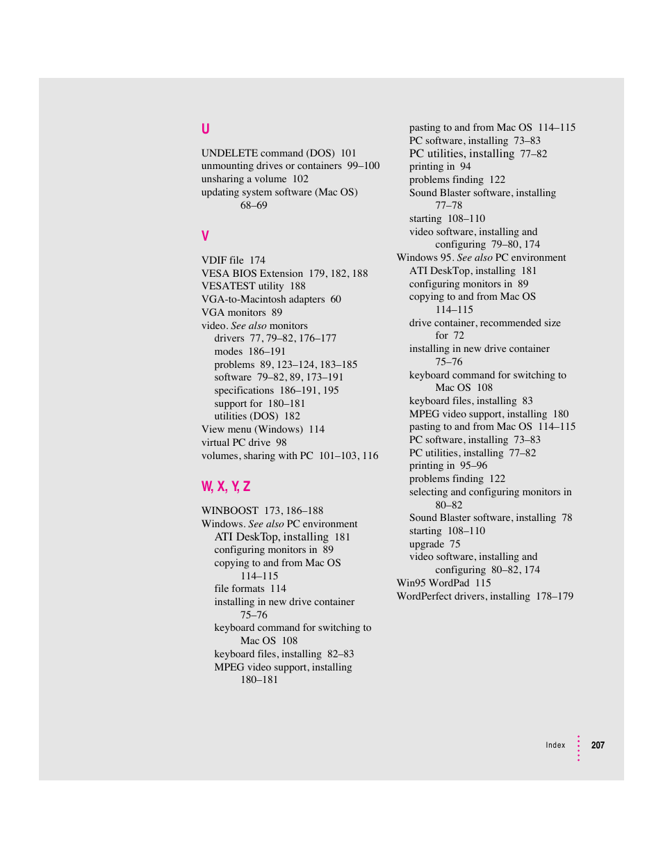 W, x, y, z | Apple PC Compatibility Card 7-inch card User Manual | Page 212 / 213