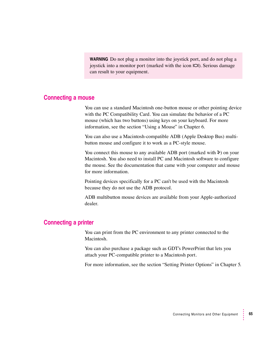 Connecting a mouse, Connecting a printer | Apple PC Compatibility Card 7-inch card User Manual | Page 78 / 213