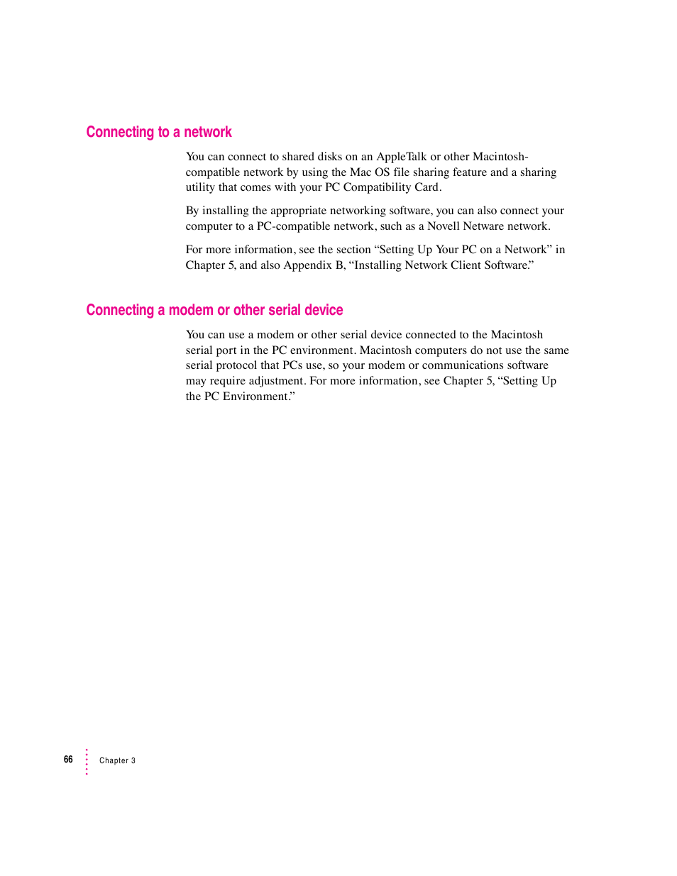 Connecting to a network, Connecting a modem or other serial device | Apple PC Compatibility Card 7-inch card User Manual | Page 79 / 213