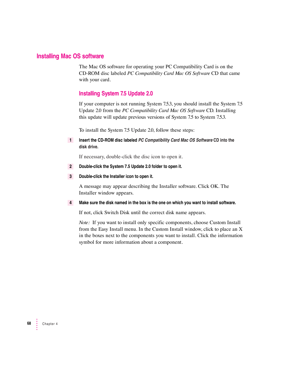 Installing mac os software, Installing system 7.5 update 2.0 | Apple PC Compatibility Card 7-inch card User Manual | Page 81 / 213