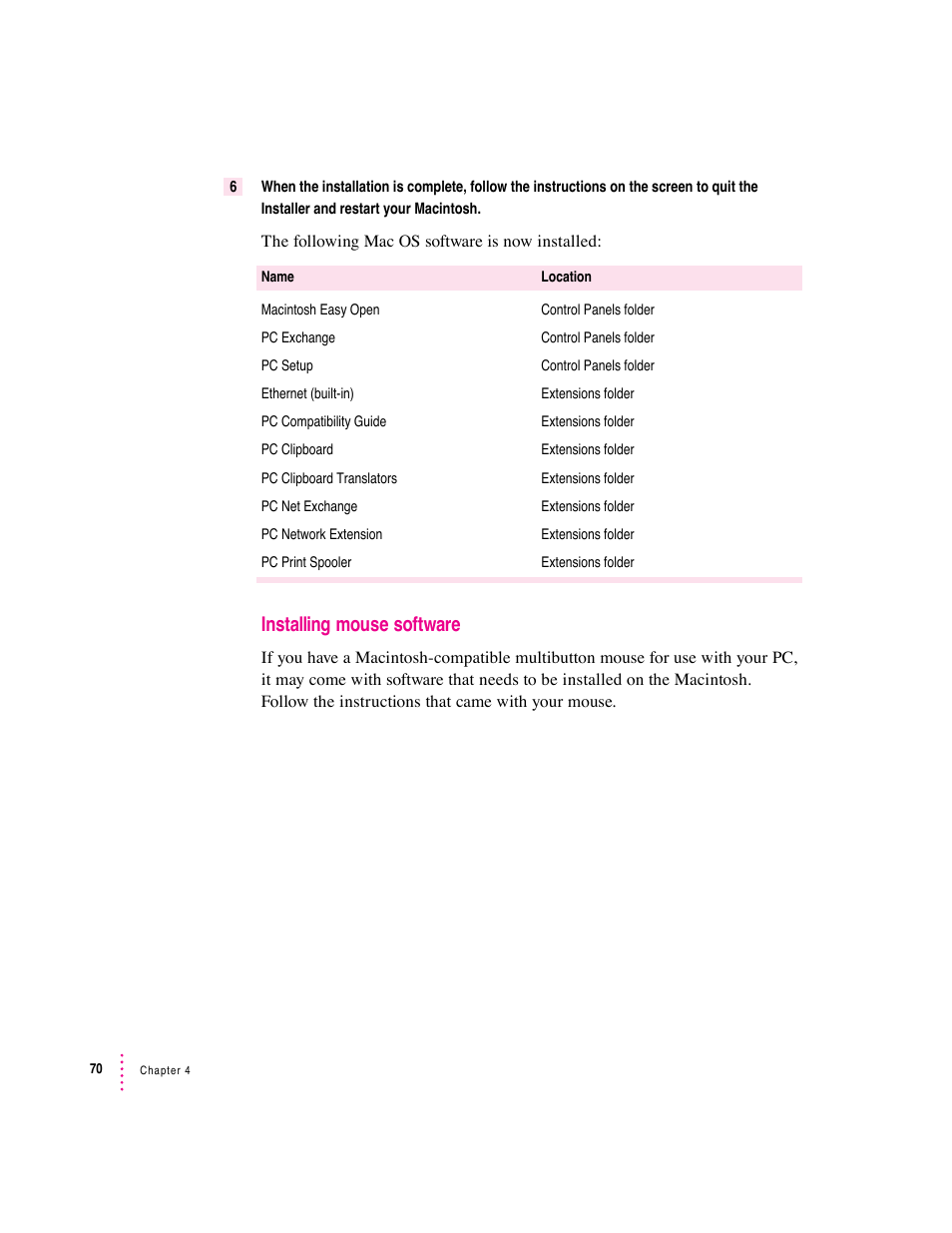 Installing mouse software | Apple PC Compatibility Card 7-inch card User Manual | Page 83 / 213