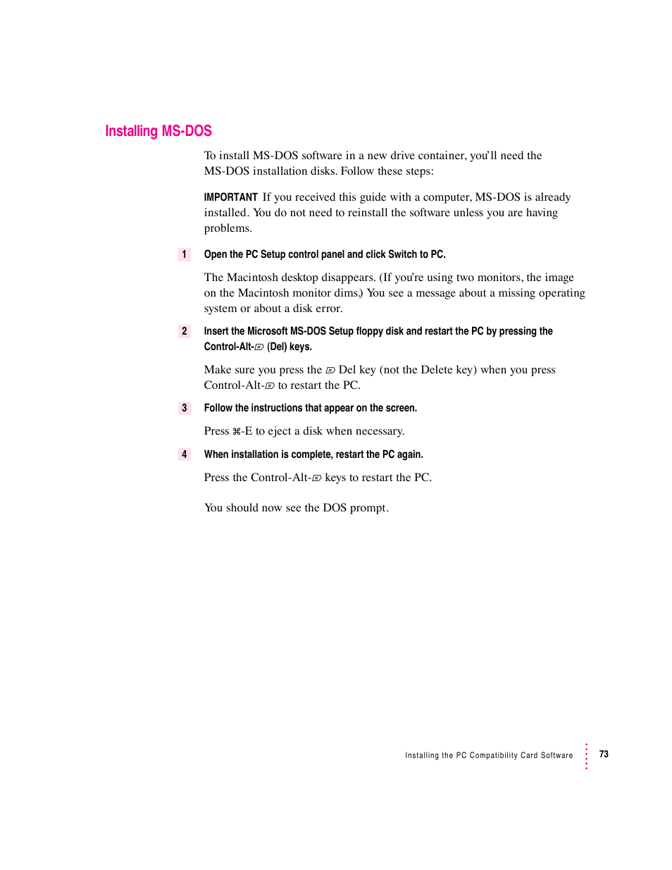 Installing ms-dos | Apple PC Compatibility Card 7-inch card User Manual | Page 86 / 213