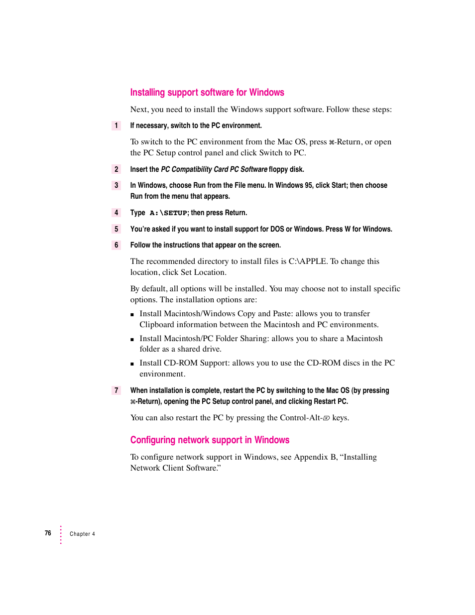 Installing support software for windows, Configuring network support in windows | Apple PC Compatibility Card 7-inch card User Manual | Page 89 / 213