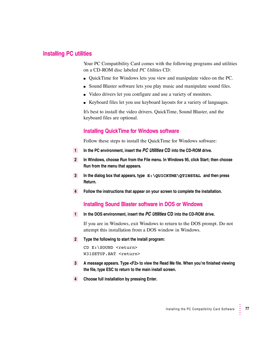 Installing pc utilities, Installing quicktime for windows software | Apple PC Compatibility Card 7-inch card User Manual | Page 90 / 213