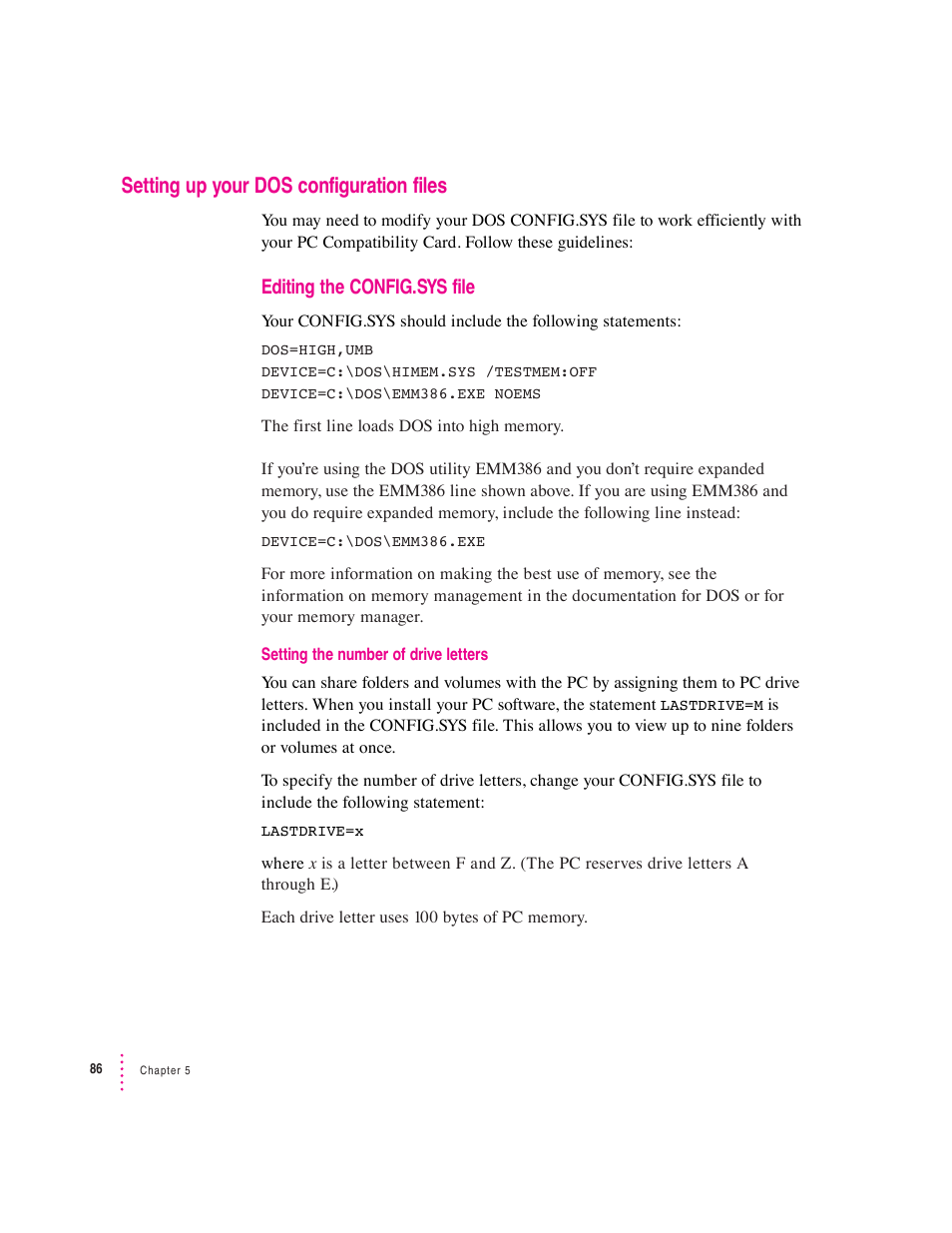 Setting up your dos configuration files, Editing the config.sys file | Apple PC Compatibility Card 7-inch card User Manual | Page 98 / 213