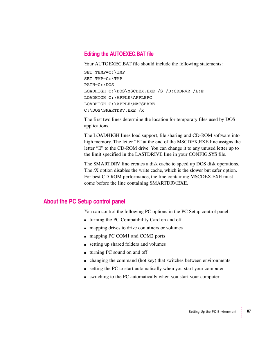 About the pc setup control panel | Apple PC Compatibility Card 7-inch card User Manual | Page 99 / 213