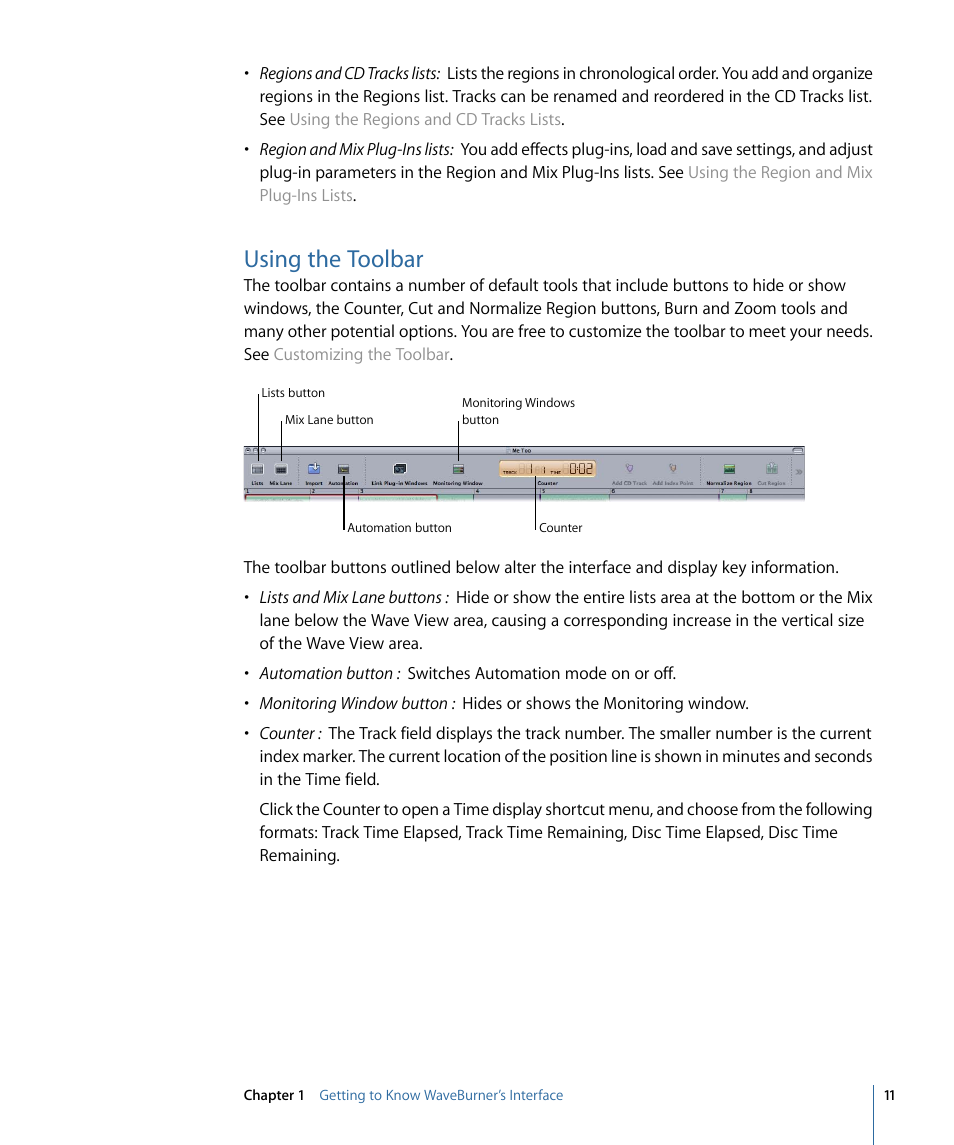 Using the toolbar | Apple WaveBurner 1.6 User Manual | Page 11 / 82