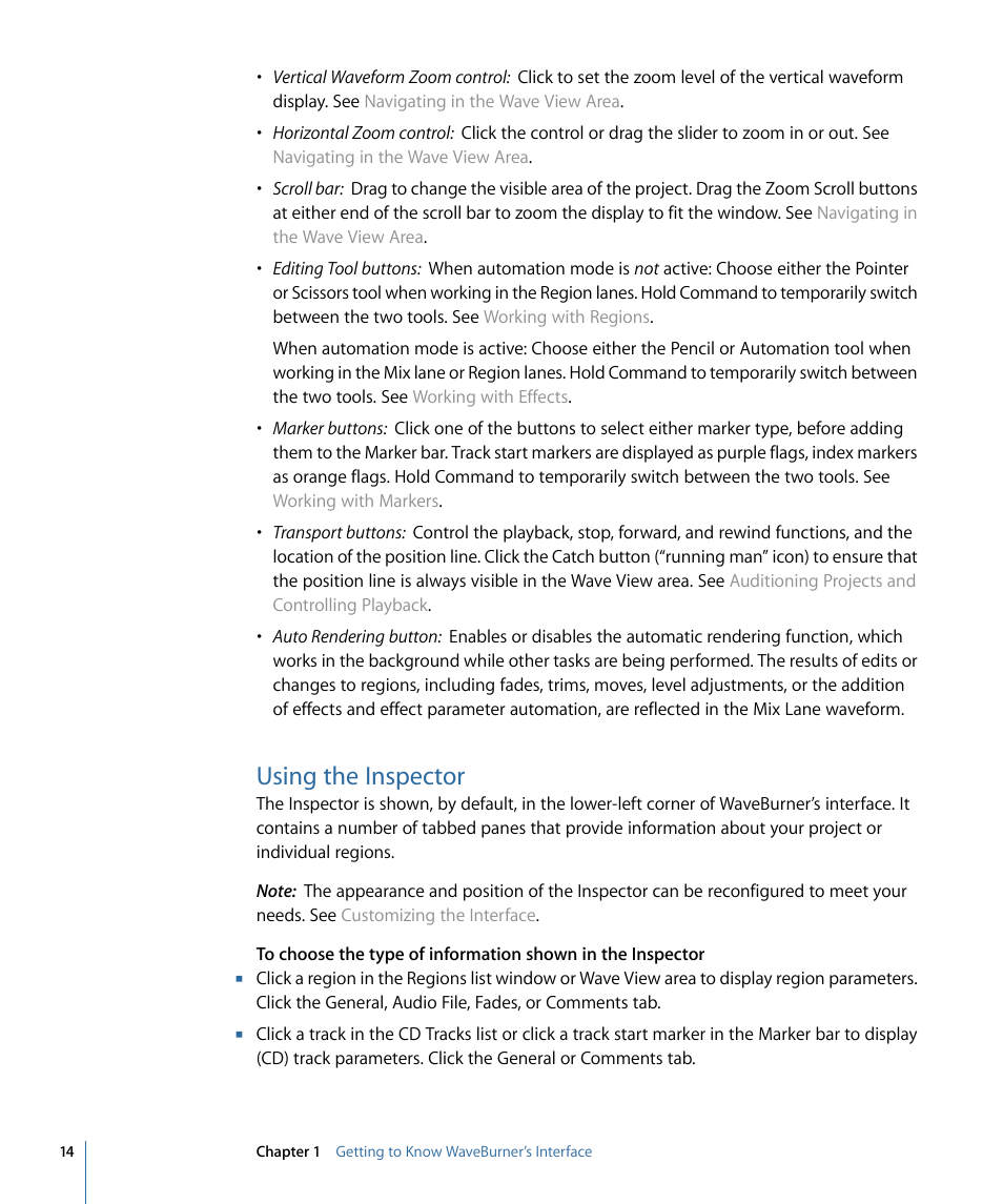 Using the inspector | Apple WaveBurner 1.6 User Manual | Page 14 / 82