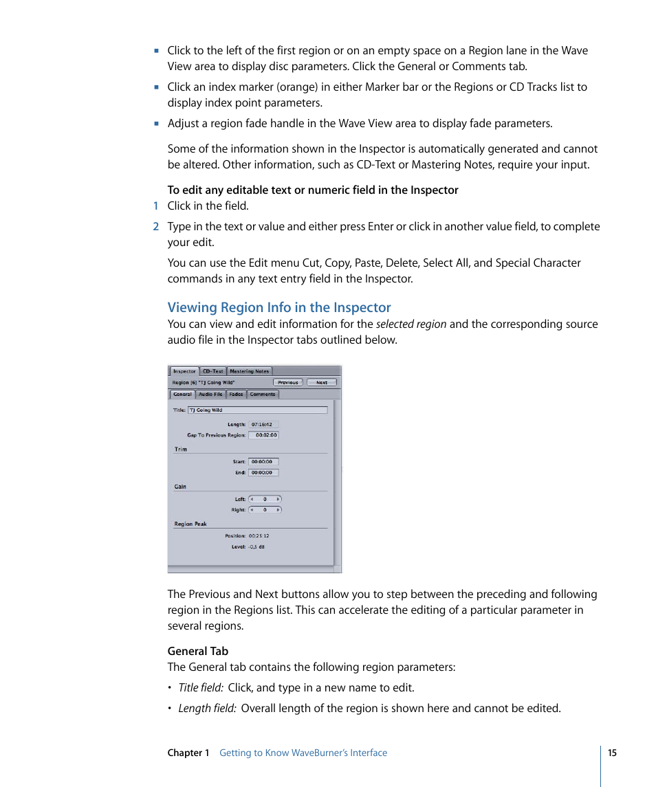 Viewing region info in the inspector | Apple WaveBurner 1.6 User Manual | Page 15 / 82