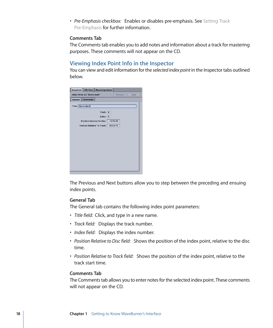 Viewing index point info in the inspector | Apple WaveBurner 1.6 User Manual | Page 18 / 82