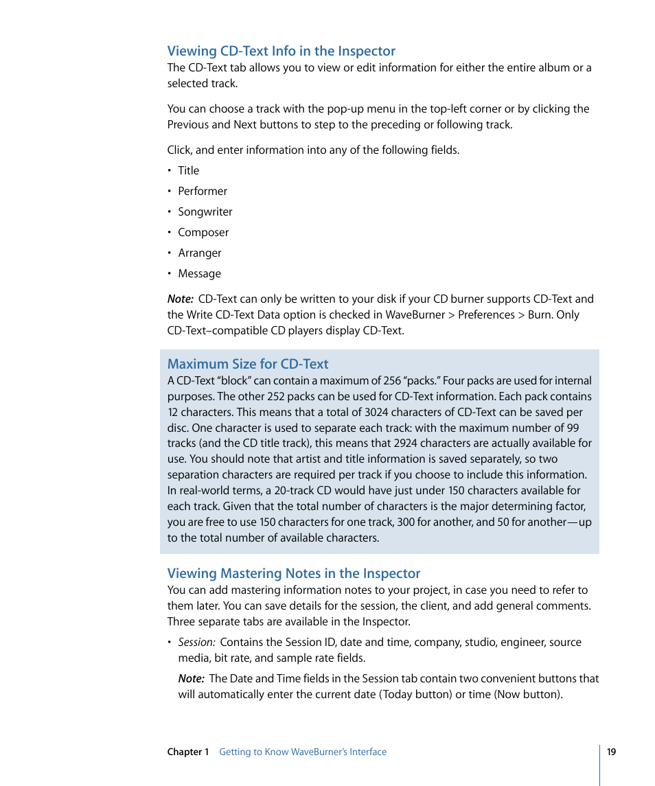 Viewing cd-text info in the inspector, Viewing mastering notes in the inspector, Maximum size for cd-text | Apple WaveBurner 1.6 User Manual | Page 19 / 82