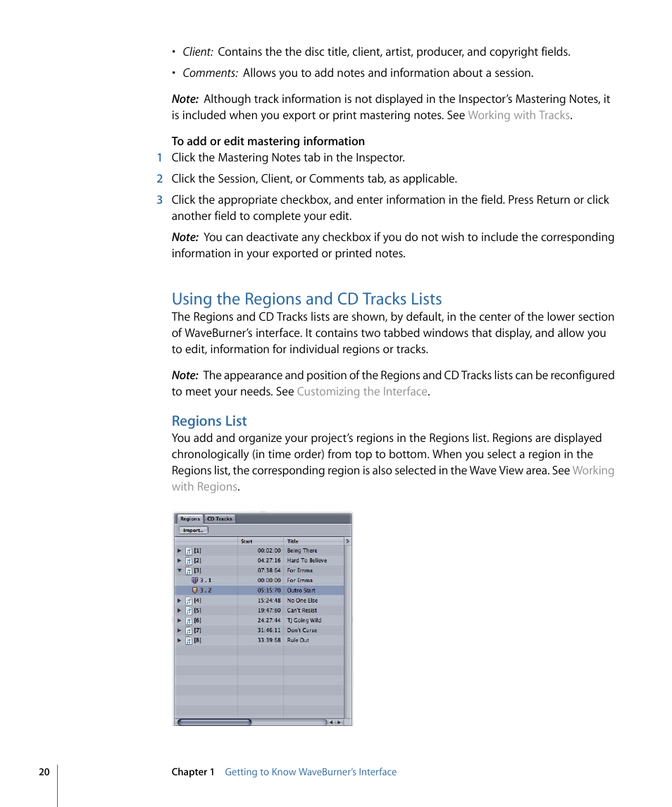 Using the regions and cd tracks lists, Regions list | Apple WaveBurner 1.6 User Manual | Page 20 / 82