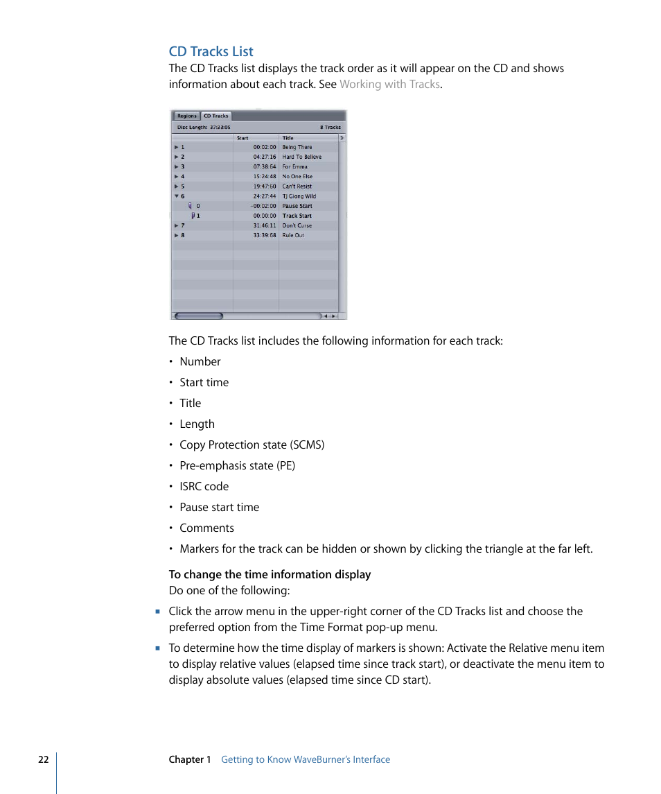 Cd tracks list | Apple WaveBurner 1.6 User Manual | Page 22 / 82