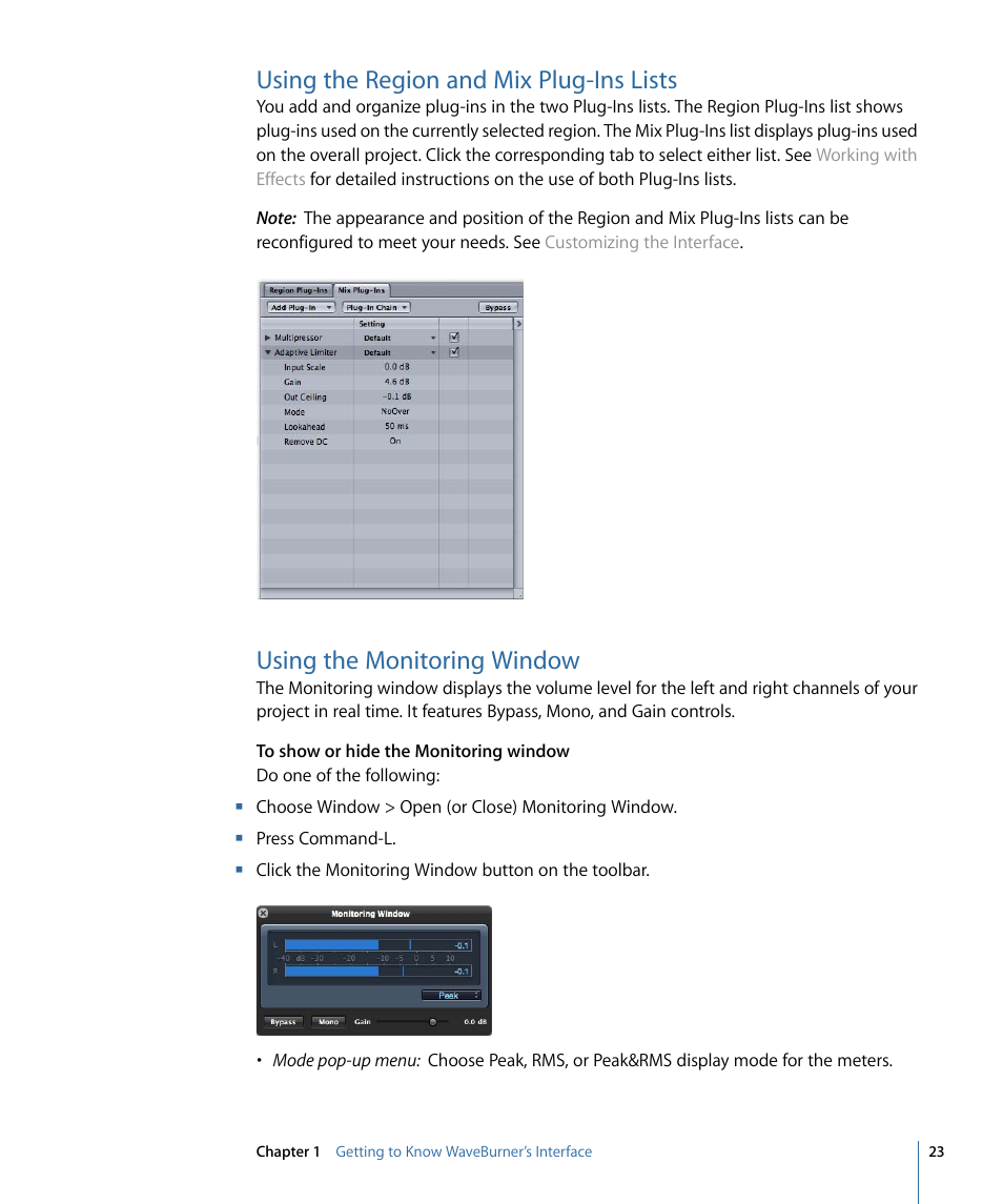 Using the region and mix plug-ins lists, Using the monitoring window, Using the region and mix | Plug-ins lists | Apple WaveBurner 1.6 User Manual | Page 23 / 82