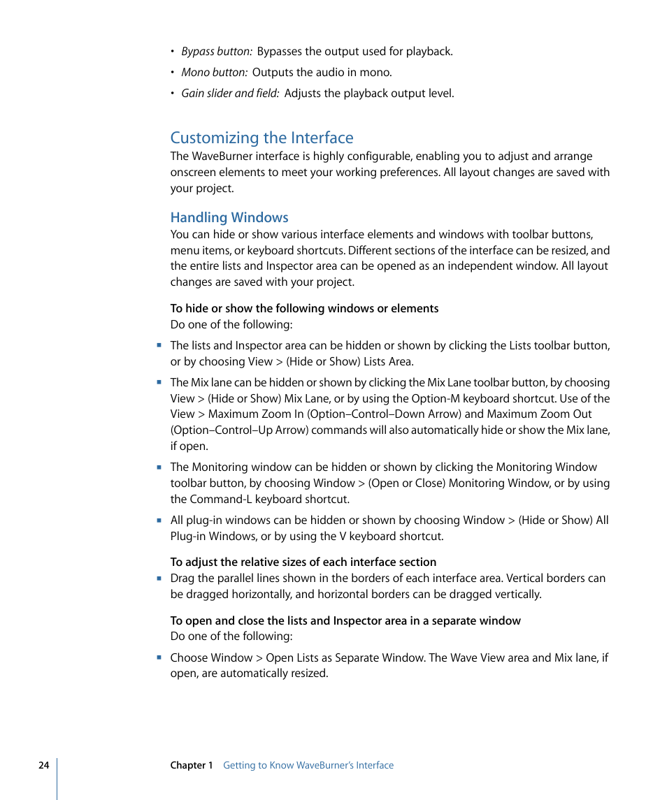 Customizing the interface, Handling windows | Apple WaveBurner 1.6 User Manual | Page 24 / 82