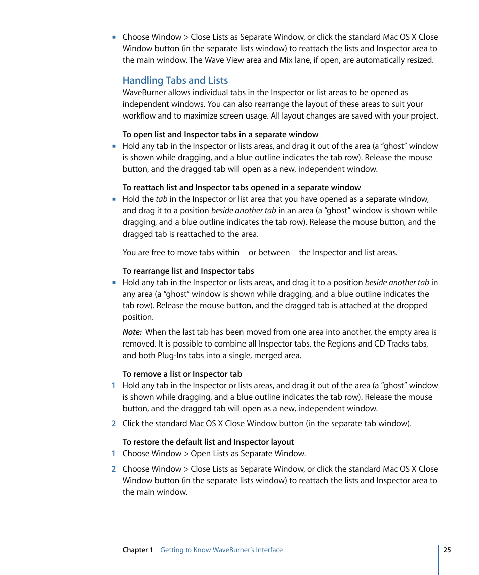 Handling tabs and lists | Apple WaveBurner 1.6 User Manual | Page 25 / 82
