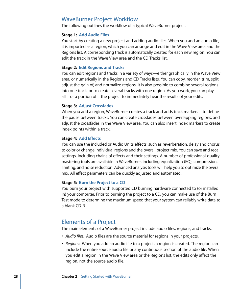 Waveburner project workflow, Elements of a project | Apple WaveBurner 1.6 User Manual | Page 28 / 82