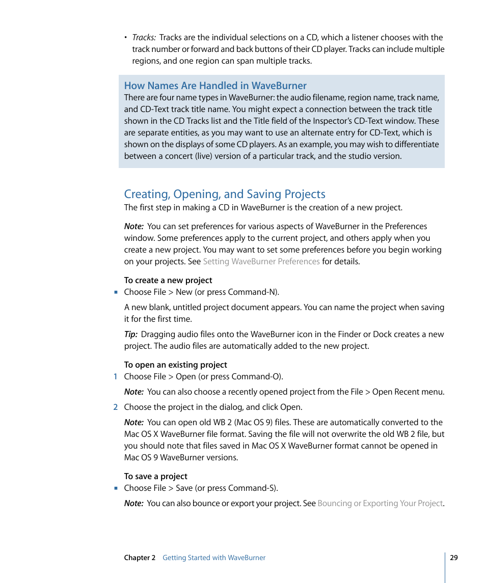 Creating, opening, and saving projects | Apple WaveBurner 1.6 User Manual | Page 29 / 82
