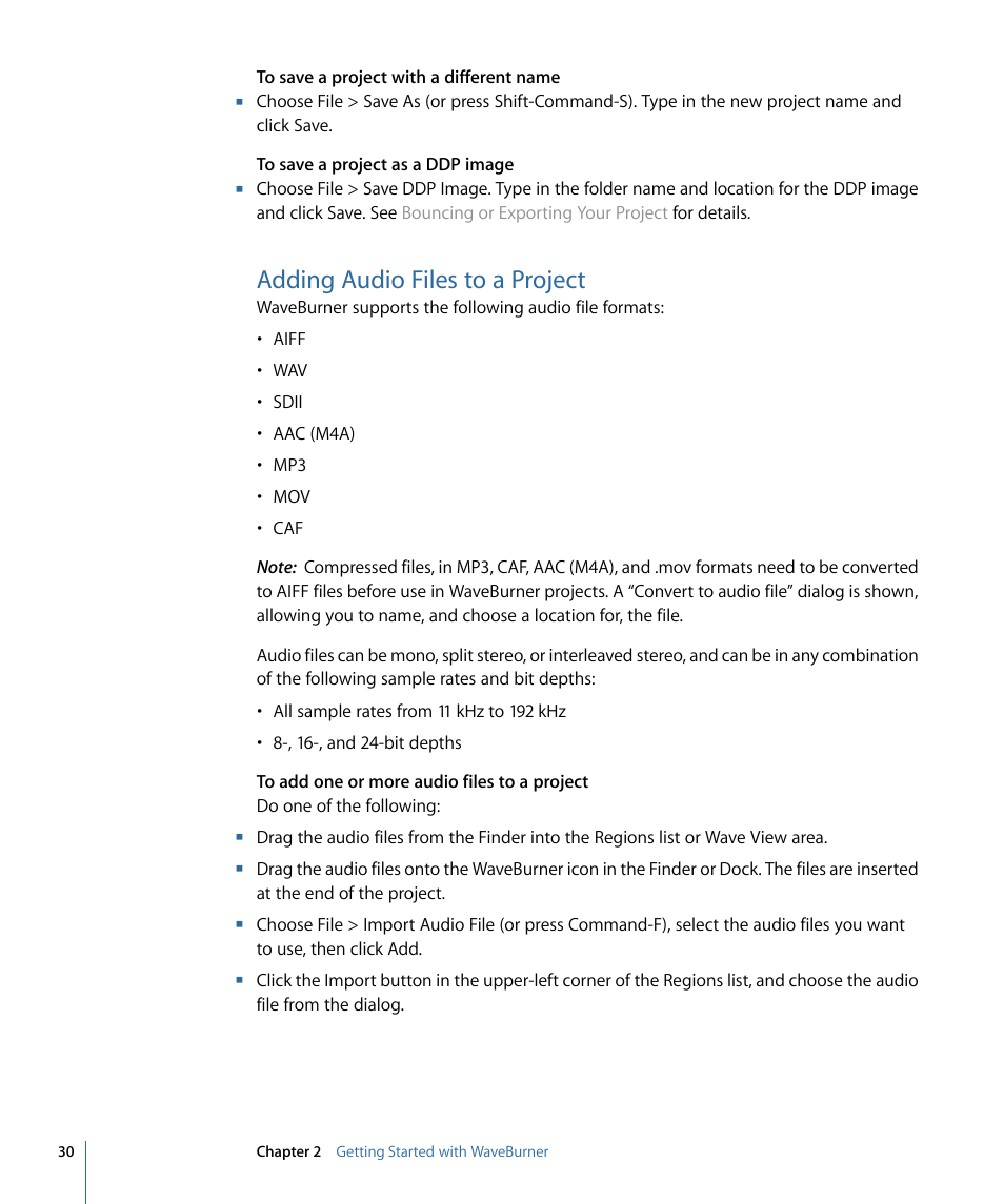 Adding audio files to a project | Apple WaveBurner 1.6 User Manual | Page 30 / 82