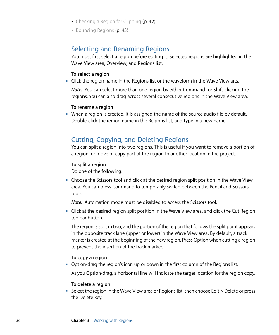 Selecting and renaming regions, Cutting, copying, and deleting regions | Apple WaveBurner 1.6 User Manual | Page 36 / 82