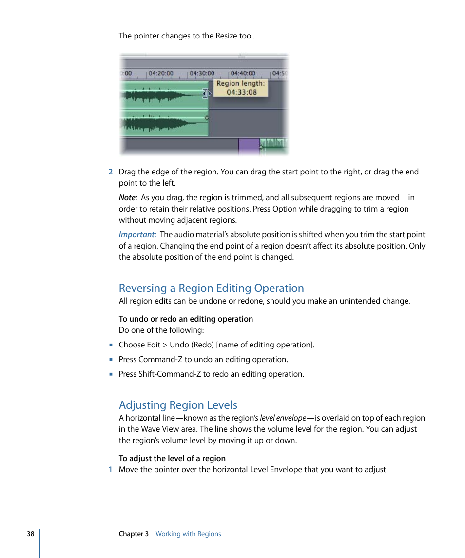 Reversing a region editing operation, Adjusting region levels | Apple WaveBurner 1.6 User Manual | Page 38 / 82