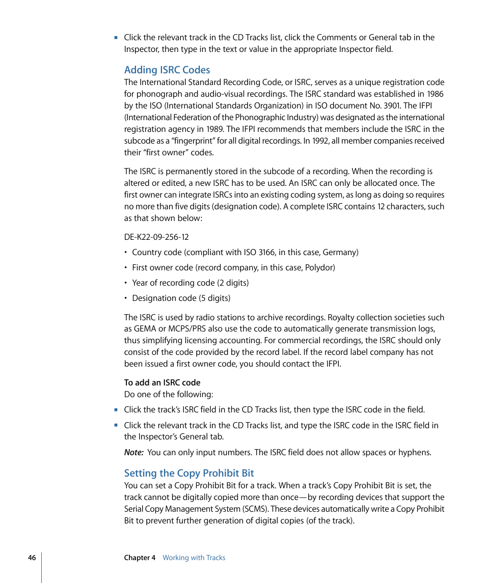 Adding isrc codes, Setting the copy prohibit bit | Apple WaveBurner 1.6 User Manual | Page 46 / 82