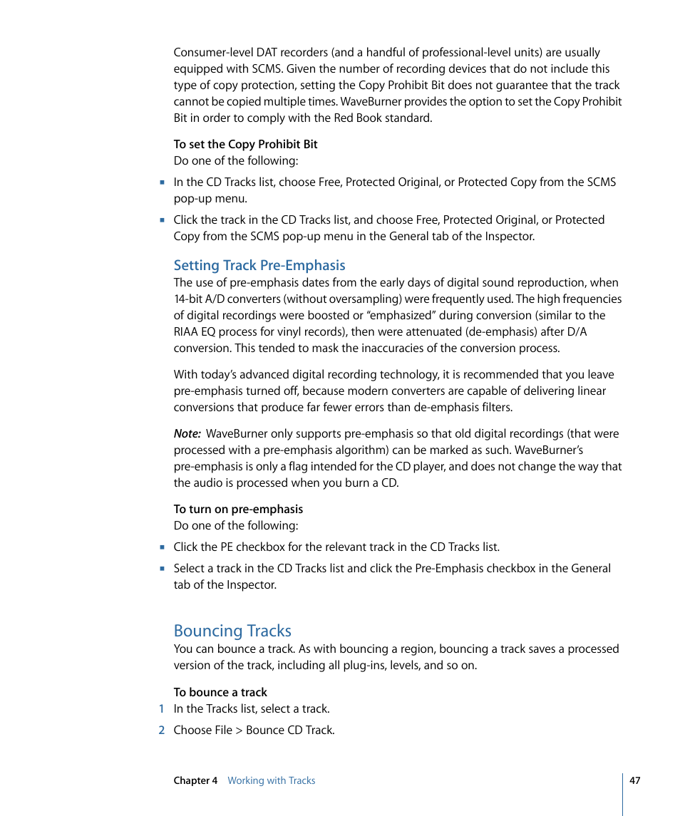Setting track pre-emphasis, Bouncing tracks | Apple WaveBurner 1.6 User Manual | Page 47 / 82