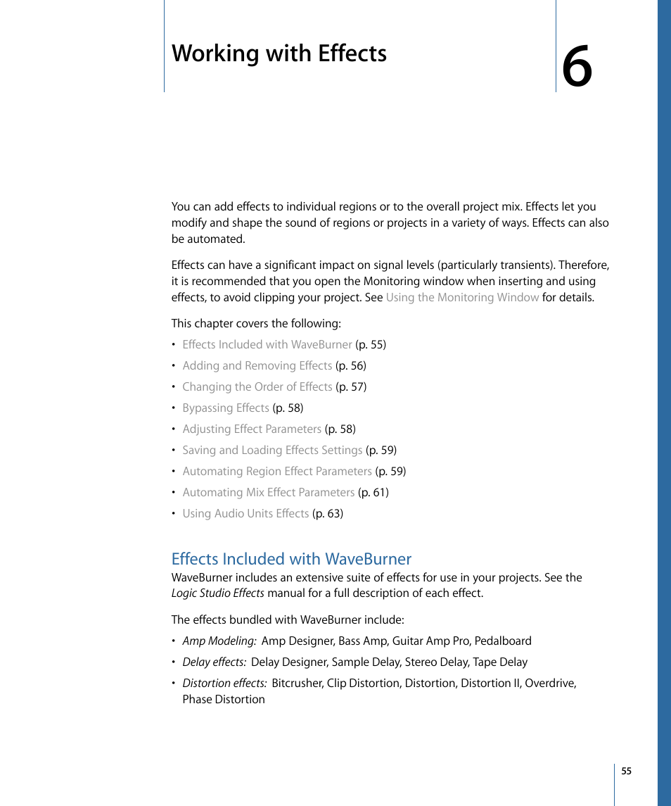 Working with effects, Effects included with waveburner, Working with | Effects | Apple WaveBurner 1.6 User Manual | Page 55 / 82
