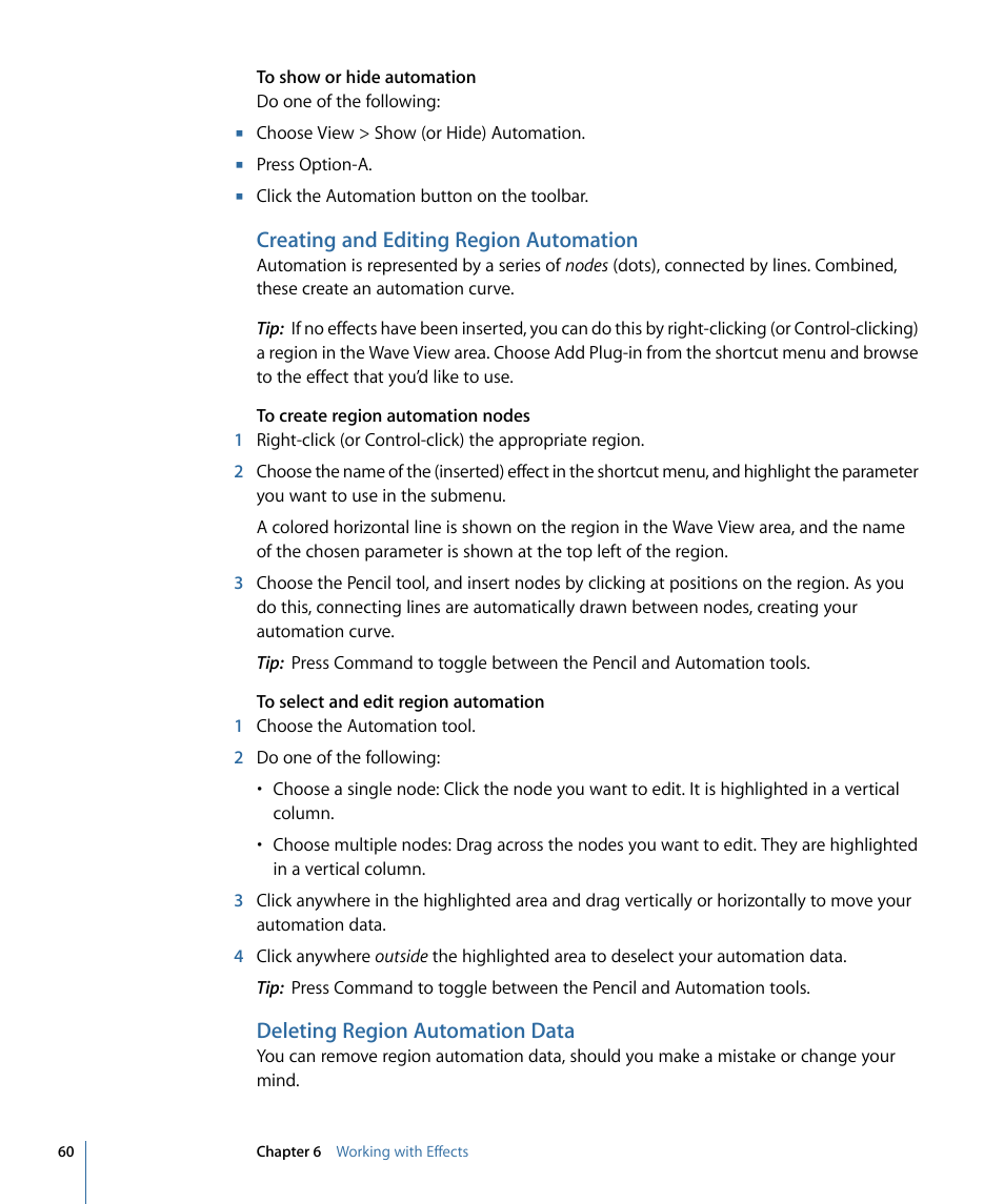 Creating and editing region automation, Deleting region automation data | Apple WaveBurner 1.6 User Manual | Page 60 / 82
