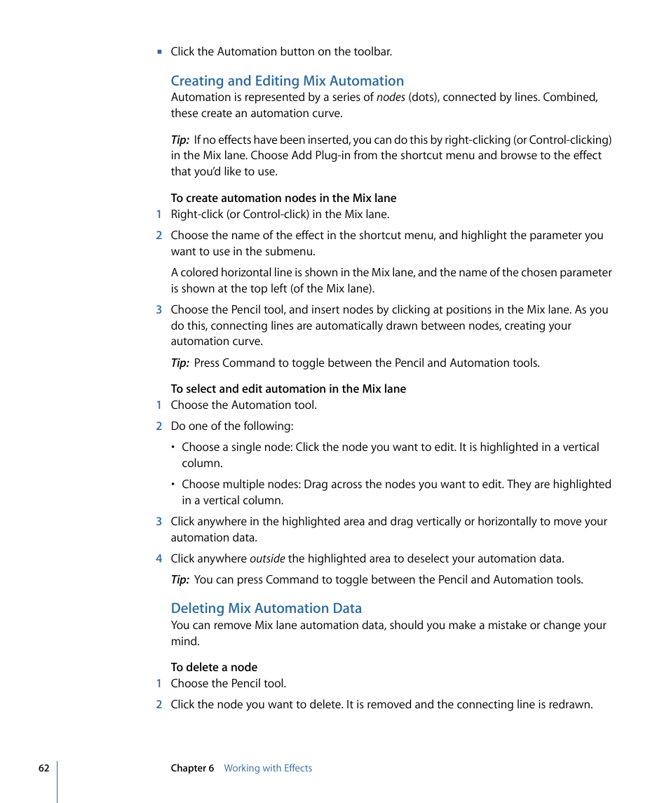 Creating and editing mix automation, Deleting mix automation data | Apple WaveBurner 1.6 User Manual | Page 62 / 82