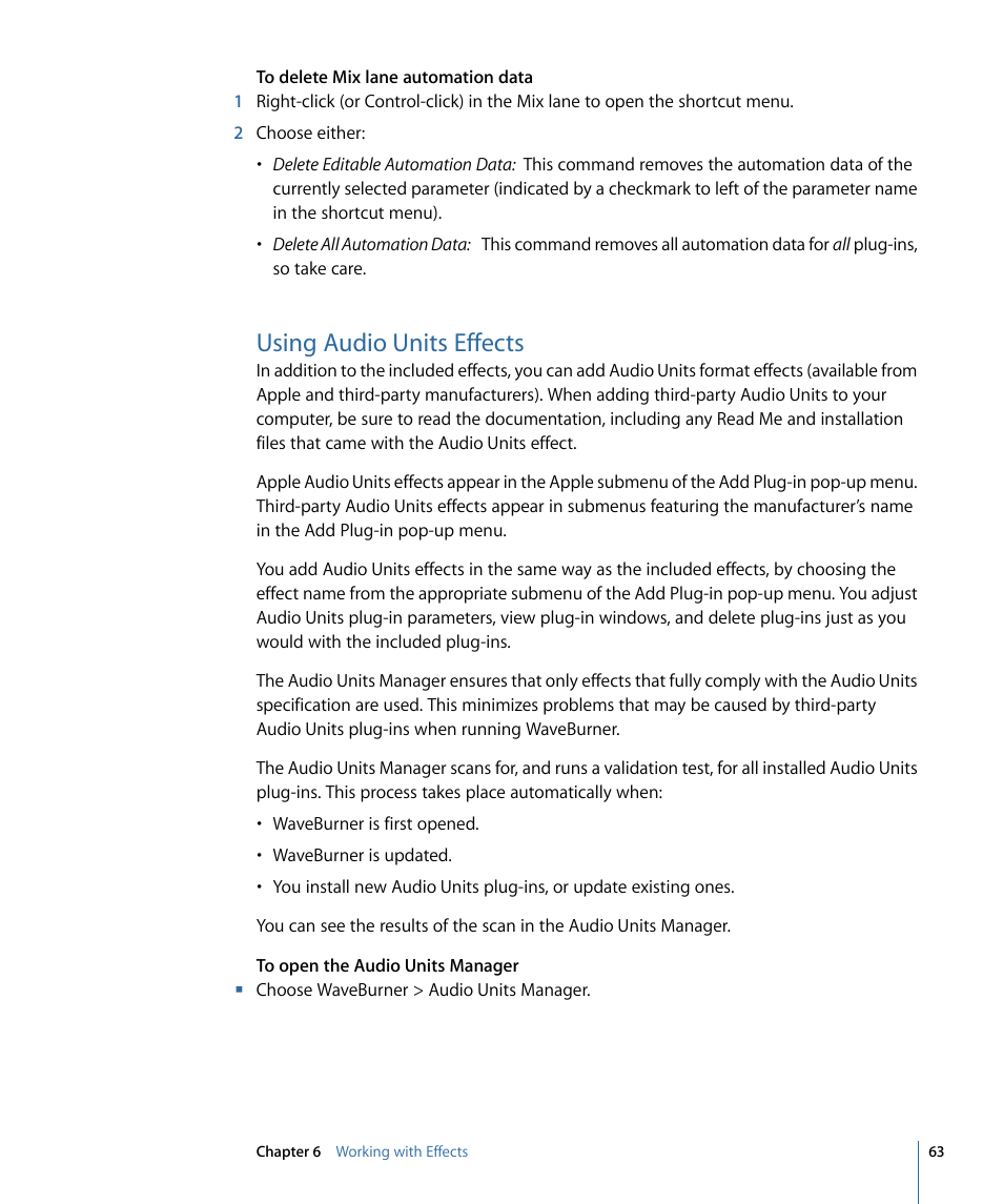 Using audio units effects | Apple WaveBurner 1.6 User Manual | Page 63 / 82