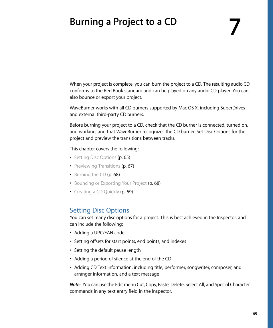 Burning a project to a cd, Setting disc options | Apple WaveBurner 1.6 User Manual | Page 65 / 82