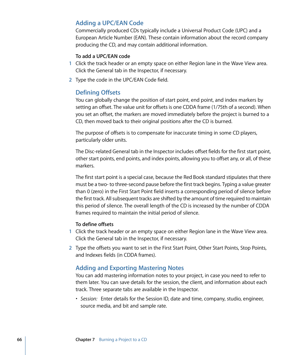 Adding a upc/ean code, Defining offsets, Adding and exporting mastering notes | Apple WaveBurner 1.6 User Manual | Page 66 / 82