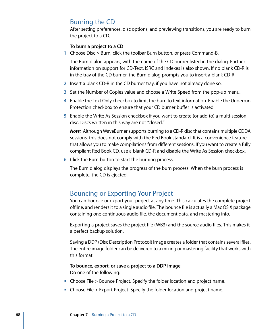 Burning the cd, Bouncing or exporting your project | Apple WaveBurner 1.6 User Manual | Page 68 / 82
