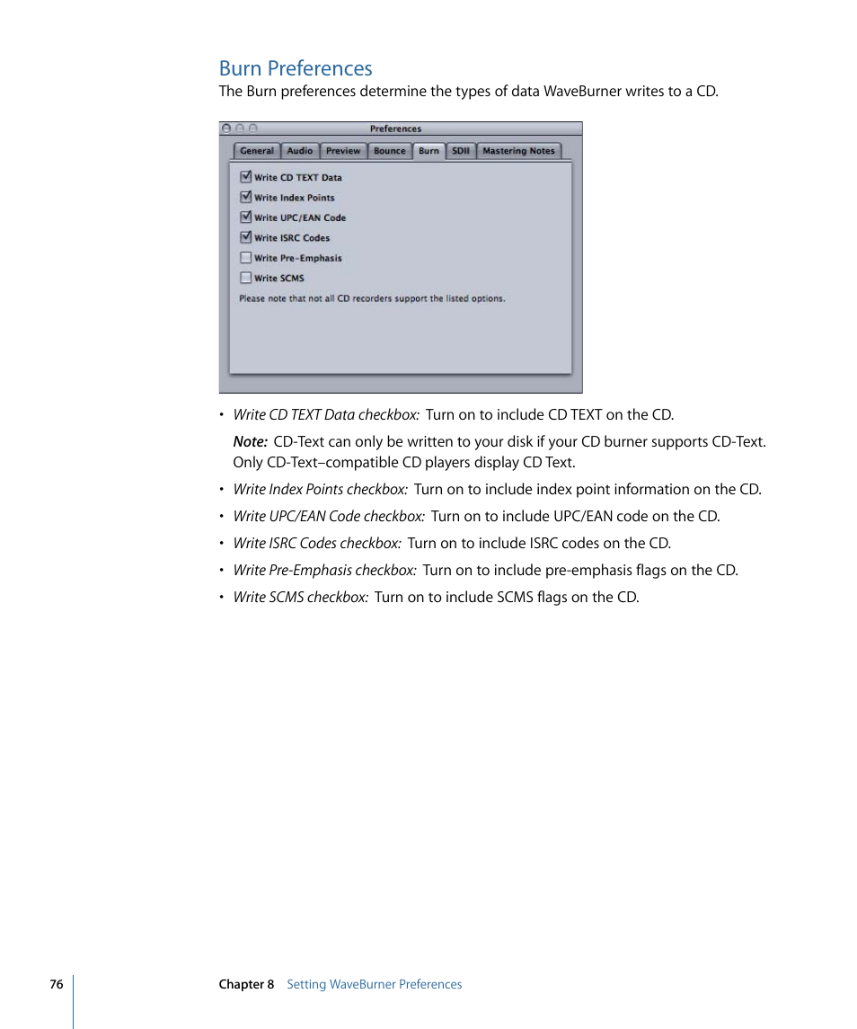 Burn preferences | Apple WaveBurner 1.6 User Manual | Page 76 / 82