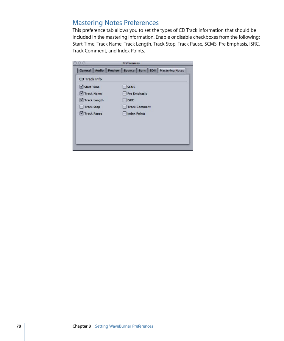 Mastering notes preferences | Apple WaveBurner 1.6 User Manual | Page 78 / 82