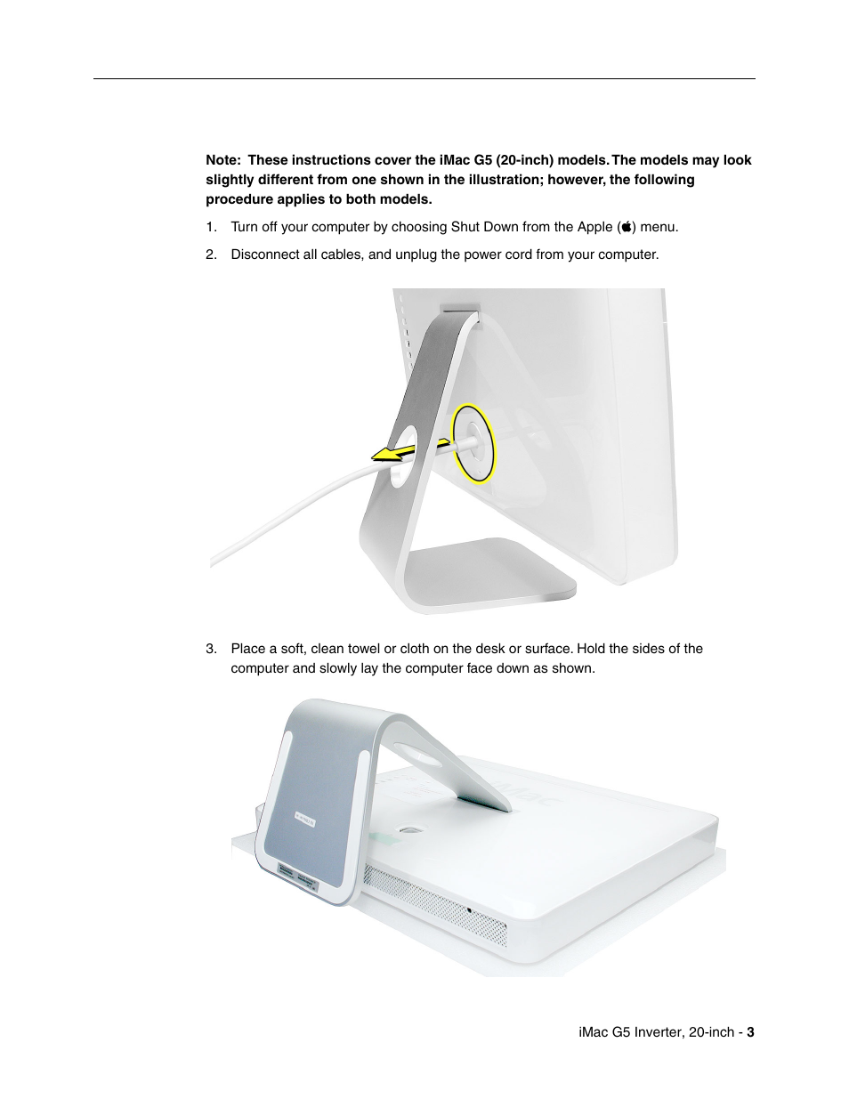 Opening the computer | Apple iMac G5, 20-inch User Manual | Page 3 / 22