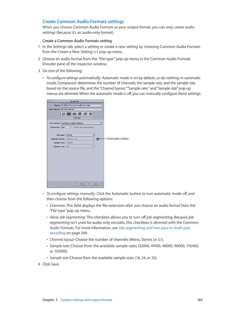 Create common audio formats settings, Create common audio, Formats settings | Apple Compressor (4.0) User Manual | Page 103 / 266
