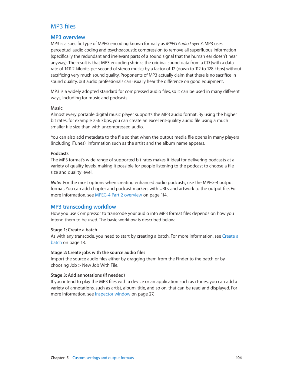 Mp3 files, Mp3 overview, Mp3 transcoding workflow | 104 mp3 files 104 | Apple Compressor (4.0) User Manual | Page 104 / 266