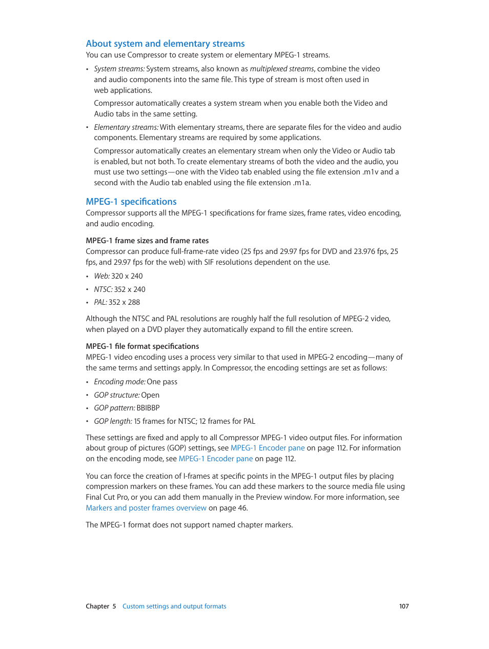 About system and elementary streams, Mpeg-1 specifications | Apple Compressor (4.0) User Manual | Page 107 / 266