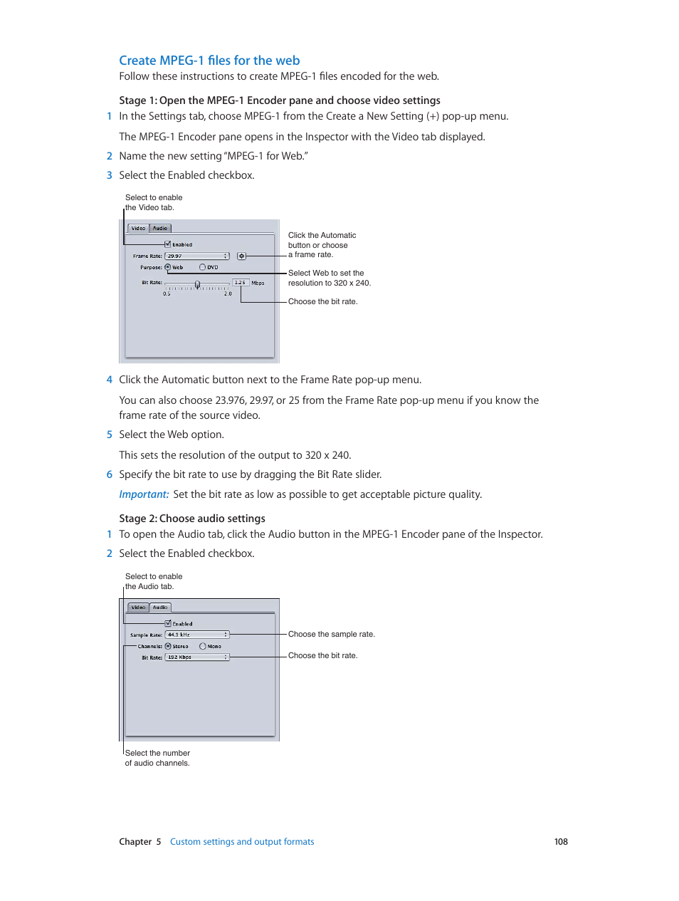 Create mpeg-1 files for the web, Create mpeg-1 files, For the web | Apple Compressor (4.0) User Manual | Page 108 / 266